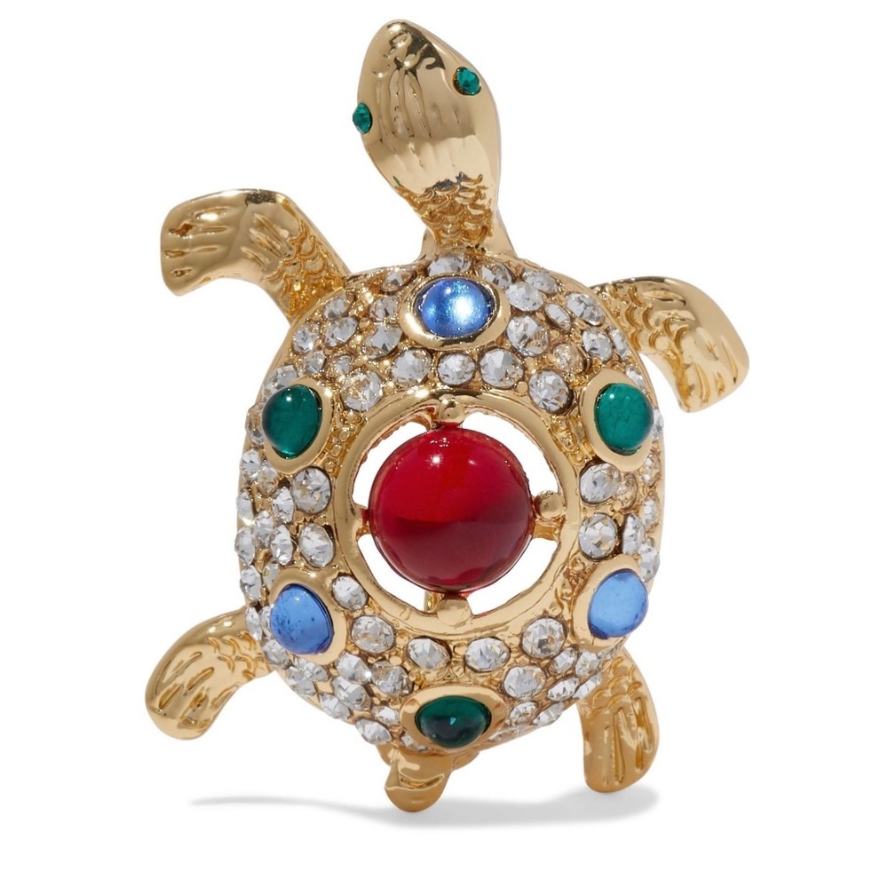 KENNETH JAY LANE Gold-tone Crystal & Resin Turtle Tortoise Brooch Pin NEW